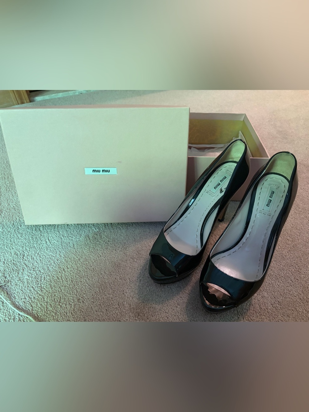 Miu Miu Black Patent Leather Peep-Toe Heels - Picture 1 of 7